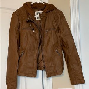 New Women's Hooded Faux Leather Moto Biker Jacket